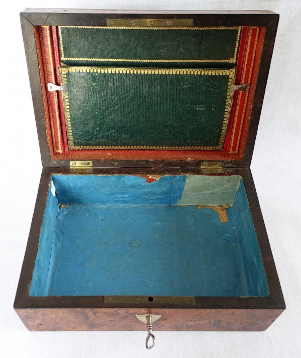 Empire burr wood and brass jewelry box, JE or EJ monogram