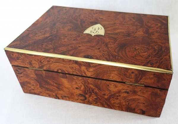 Empire burr wood and brass jewelry box, JE or EJ monogram