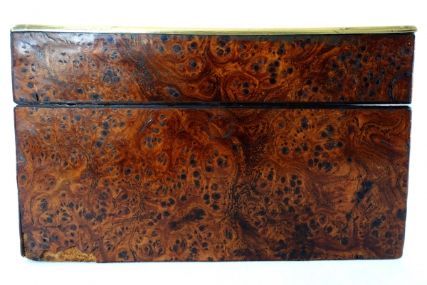 Empire burr wood and brass jewelry box, JE or EJ monogram