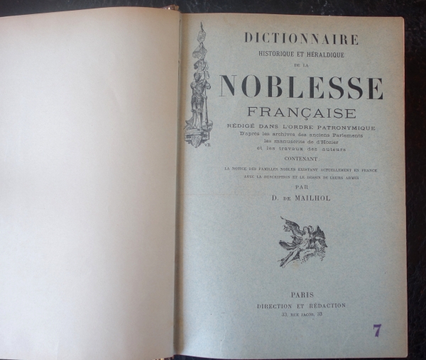 Noblesse Française - Dictionnaire Historique & Héraldique par Dayre de Mailhol, livre plein cuir doré petits fers