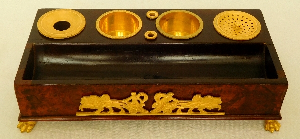 Rare thuja burr wood and ormolu inkwell, Empire period - early 19th century