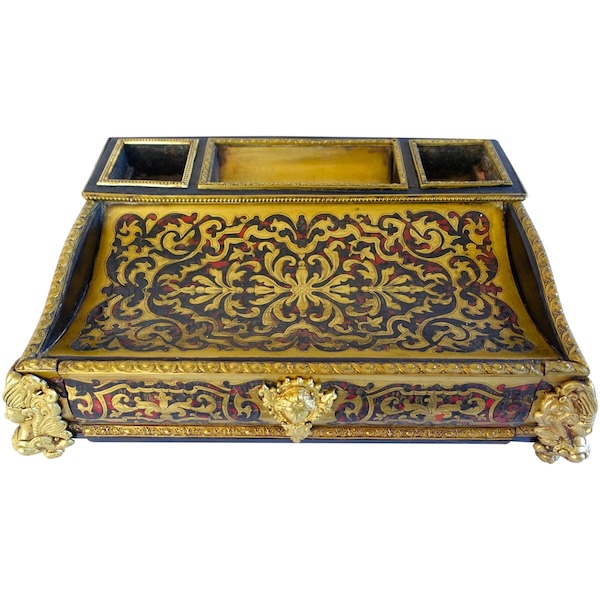 Grand encrier Napoléon III de style Louis XIV, nécessaire de bureau en marqueterie Boulle