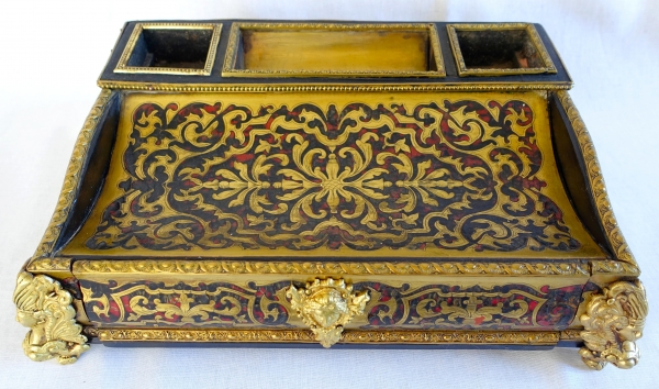 Grand encrier Napoléon III de style Louis XIV, nécessaire de bureau en marqueterie Boulle