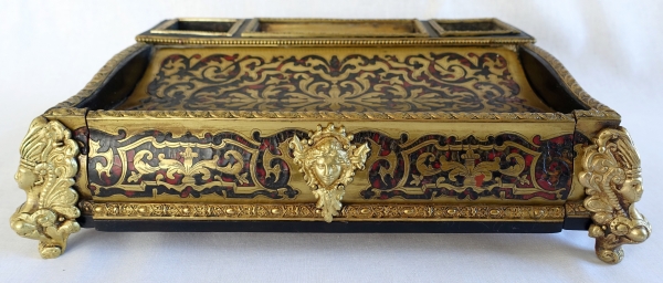 Grand encrier Napoléon III de style Louis XIV, nécessaire de bureau en marqueterie Boulle