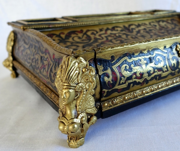 Grand encrier Napoléon III de style Louis XIV, nécessaire de bureau en marqueterie Boulle