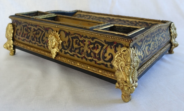 Grand encrier Napoléon III de style Louis XIV, nécessaire de bureau en marqueterie Boulle