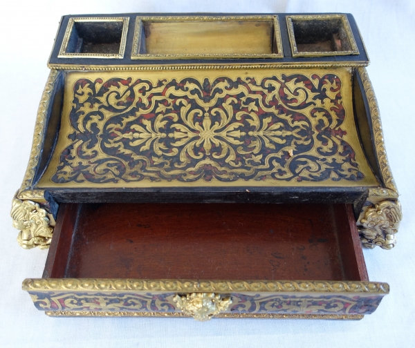 Grand encrier Napoléon III de style Louis XIV, nécessaire de bureau en marqueterie Boulle