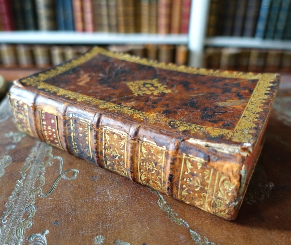 Livre à secrets / à cachette à boite à musique - cuir doré aux petits fers aux Armes de France