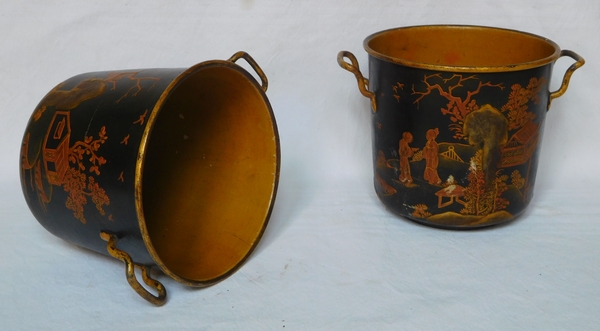 Pair of lacquered iron planters, chinese style decoration, early 19th century