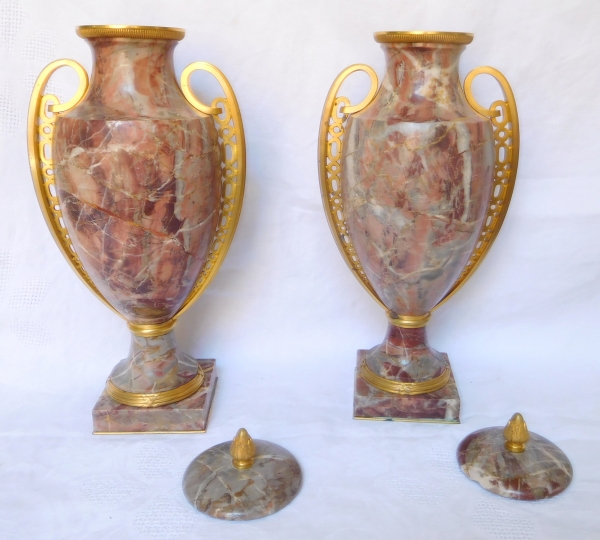Pair of Louis XVI style vases, ormolu and marbre Art Deco production