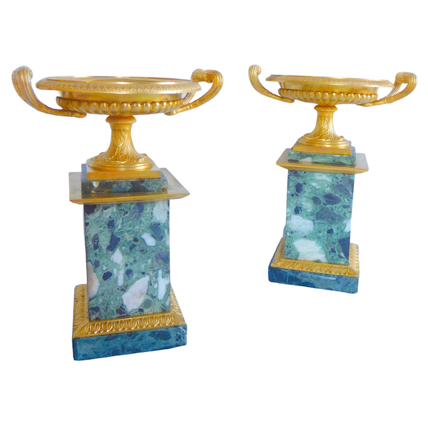 Paire of Empire ormolu and Pyrenean green marble cassolettes, early 19th century