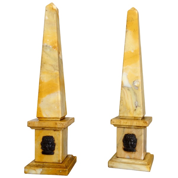 Pair of Sienna marble obelisks, patinated bronze masks - Empire style