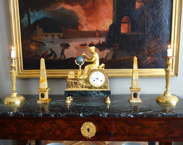 Pair of Sienna marble obelisks, patinated bronze masks - Empire style