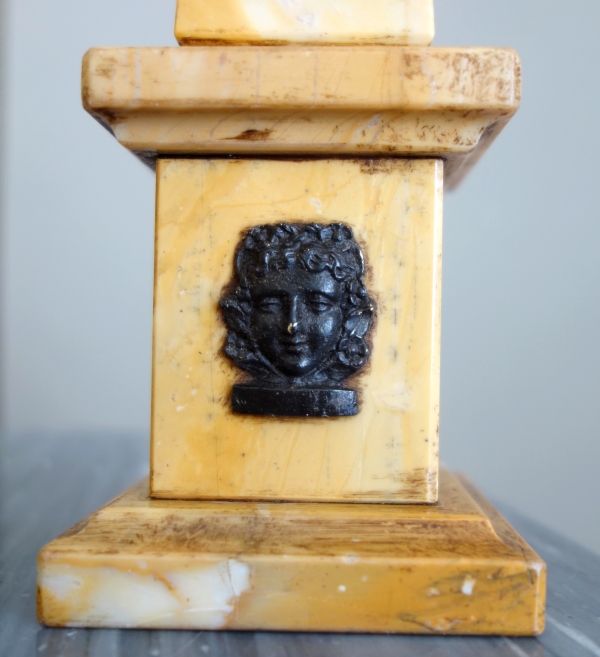 Pair of Sienna marble obelisks, patinated bronze masks - Empire style