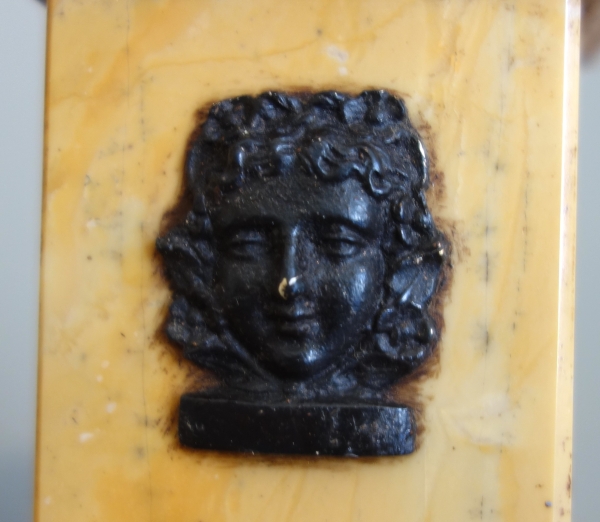 Pair of Sienna marble obelisks, patinated bronze masks - Empire style