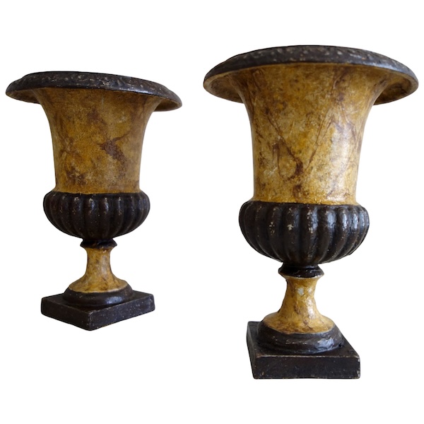 Pair of ornamental cast iron Medicis shaped vases, 19th century