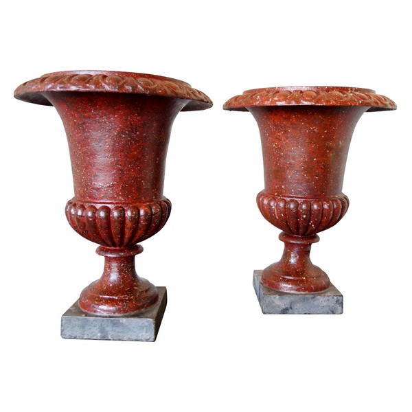 Pair of tall painted cast iron vases, 19th century