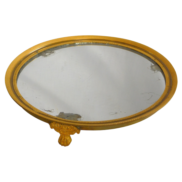 Plateau circulaire en bronze doré et miroir d'époque Empire Restauration