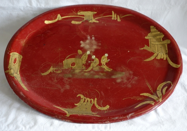 Large oval sheet metal tray - Chinese style decoration - mid 19th century