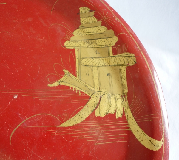 Large oval sheet metal tray - Chinese style decoration - mid 19th century