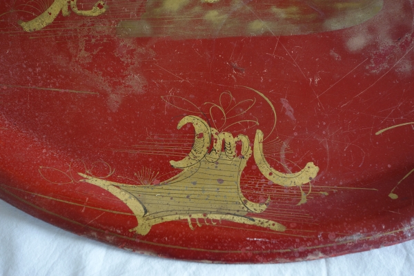 Large oval sheet metal tray - Chinese style decoration - mid 19th century