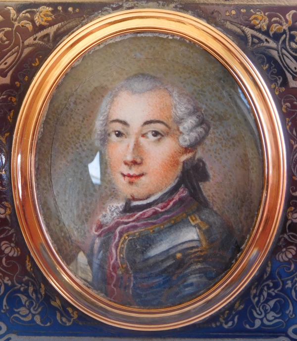 18th century miniature portrait of an aristocrat, gold frame set into a sterling silver snuffbox