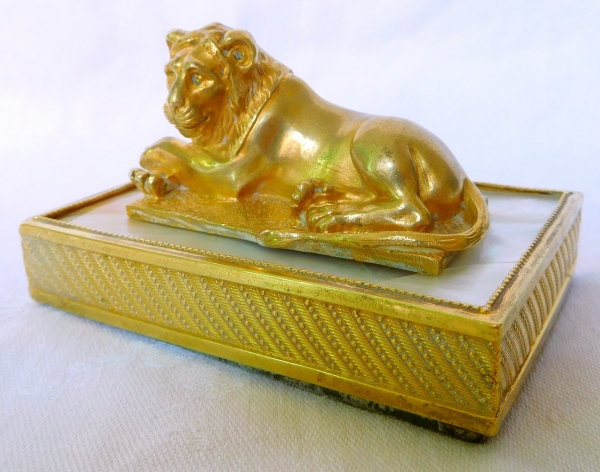 Empire ormolu and mother of pearl lion-shaped paperweight, early 19th century circa 1820