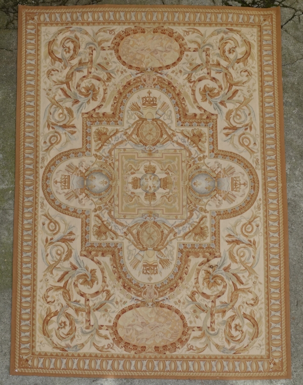 Louis XVI style Aubusson carpet decorated with France & Navarre coat of arms, late 19th century