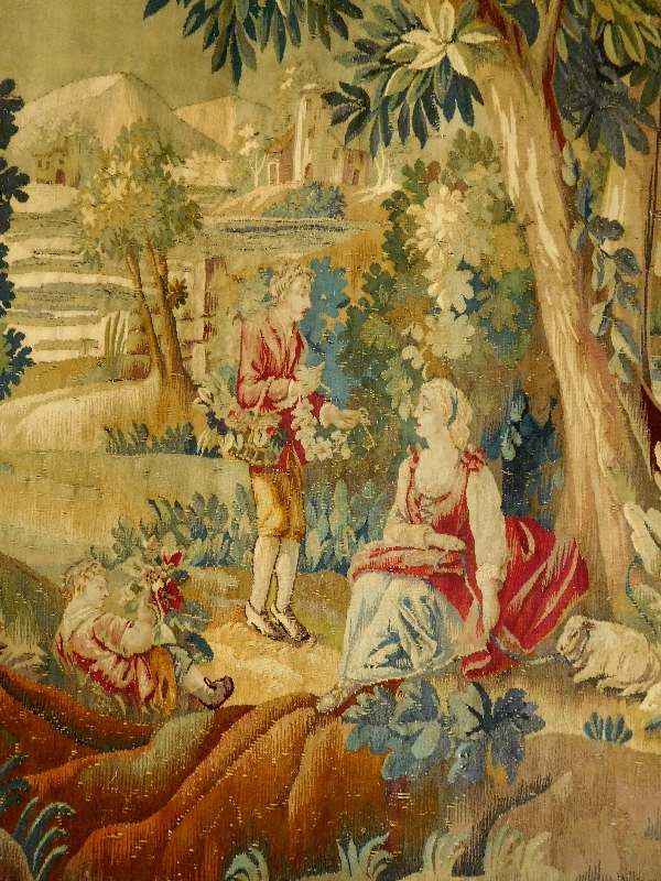 Tapisserie d'Aubusson polychrome, laine et soie, scène galante, époque Louis XVI - 190cm x 208cm