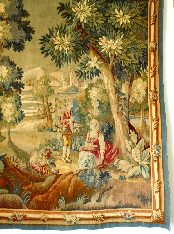 Tapisserie d'Aubusson polychrome, laine et soie, scène galante, époque Louis XVI - 190cm x 208cm