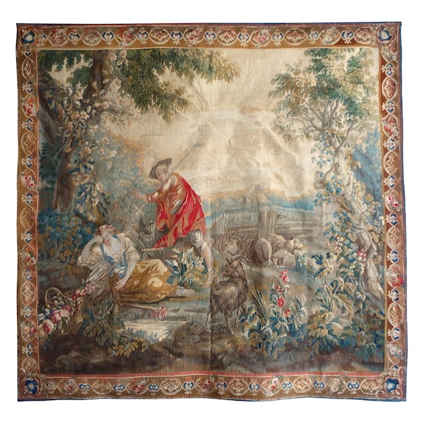 Tapisserie d'Aubusson polychrome, laine & soie, scène galante, milieu XVIIIe siècle - 248cm x 256cm