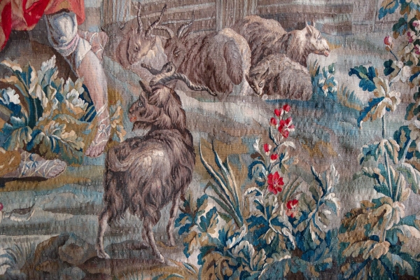 Tapisserie d'Aubusson polychrome, laine & soie, scène galante, milieu XVIIIe siècle - 248cm x 256cm