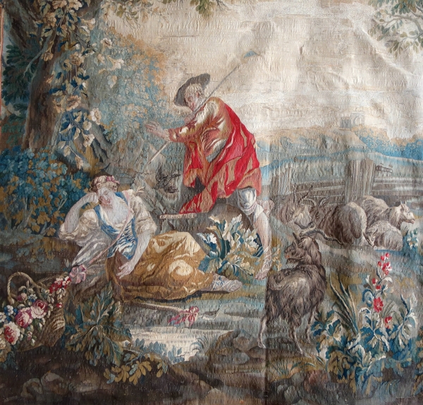 Tapisserie d'Aubusson polychrome, laine & soie, scène galante, milieu XVIIIe siècle - 248cm x 256cm