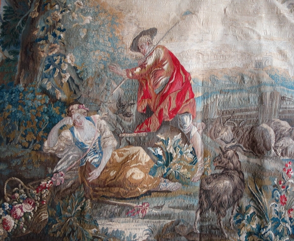 Tapisserie d'Aubusson polychrome, laine & soie, scène galante, milieu XVIIIe siècle - 248cm x 256cm