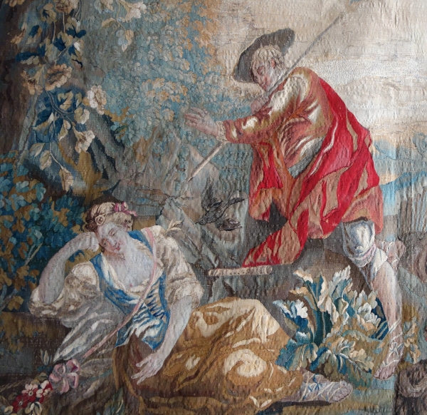 Tapisserie d'Aubusson polychrome, laine & soie, scène galante, milieu XVIIIe siècle - 248cm x 256cm