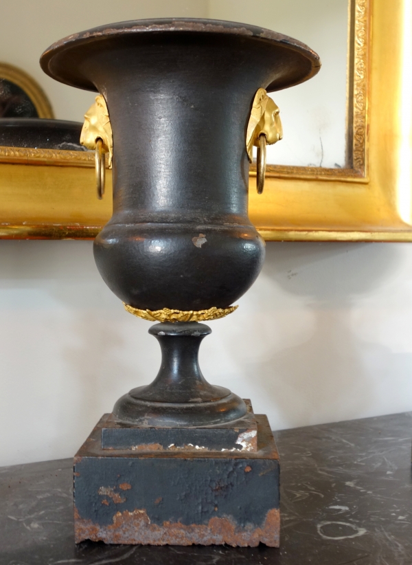 Rare Empire cast iron and ormolu Medicis vase, early 19th century