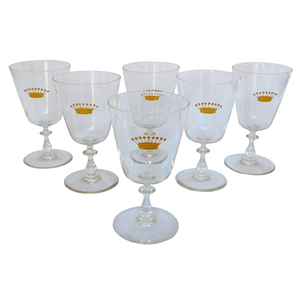 6 Baccarat crystal water glasses, gilt crown of count / earl