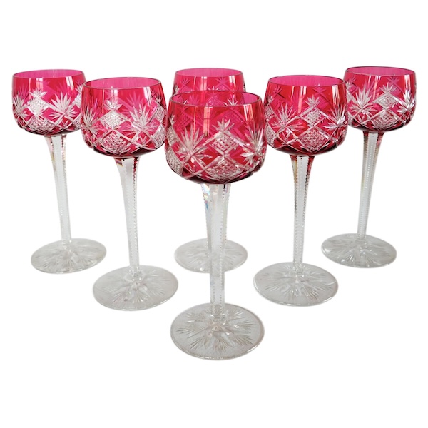 6 Baccarat crystal wine glasses (hock glasses / roemers) Hyeres pattern, pink overlay crystal