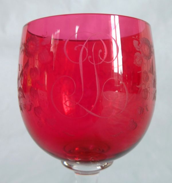 Set of 6 Baccarat crystal hock glasses / port glasses, pink overlay crystal