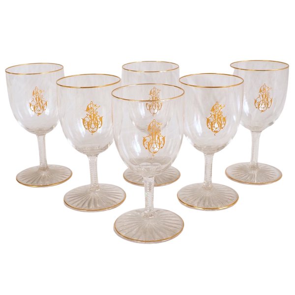 6 Baccarat crystal liquor glasses, fine gold AJ monogram