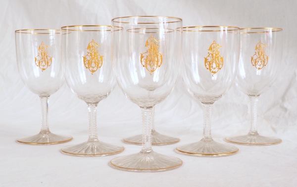 6 Baccarat crystal liquor glasses, fine gold AJ monogram