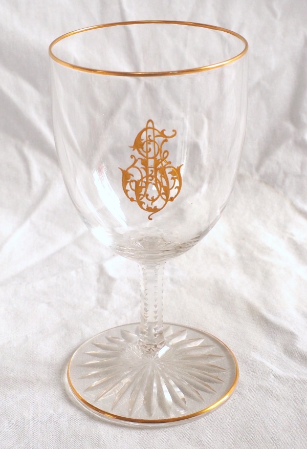 6 Baccarat crystal liquor glasses, fine gold AJ monogram