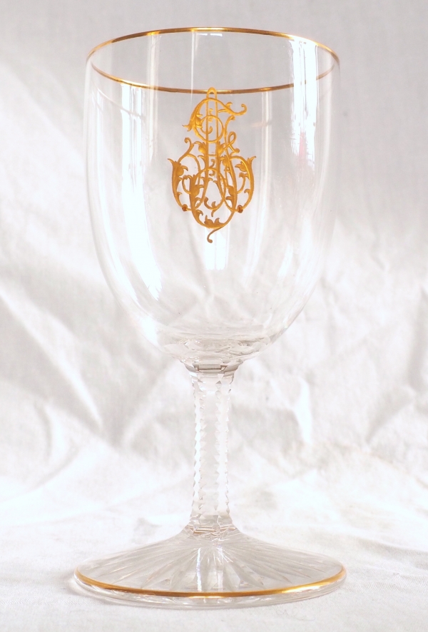 6 Baccarat crystal liquor glasses, fine gold AJ monogram