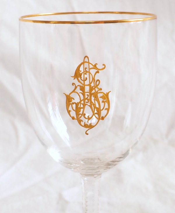 6 Baccarat crystal liquor glasses, fine gold AJ monogram