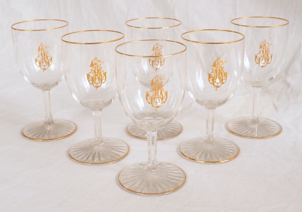 6 Baccarat crystal liquor glasses, fine gold AJ monogram