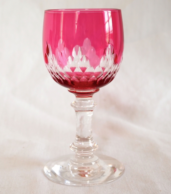 6 Baccarat crystal port glasses, Champigny pattern (Richelieu pattern), pink overlay crystal