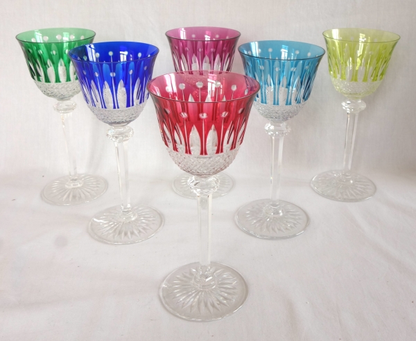 Set of 6 St Louis crystal hock glasses - roemers - Tommy pattern, overlay crystal - signed