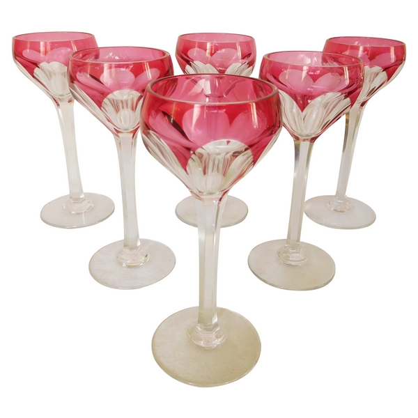 6 St Louis crystal wine glasses, pink overlay crystal, Ampere pattern