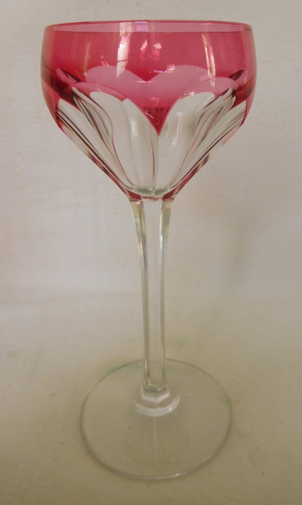 6 St Louis crystal wine glasses, pink overlay crystal, Ampere pattern