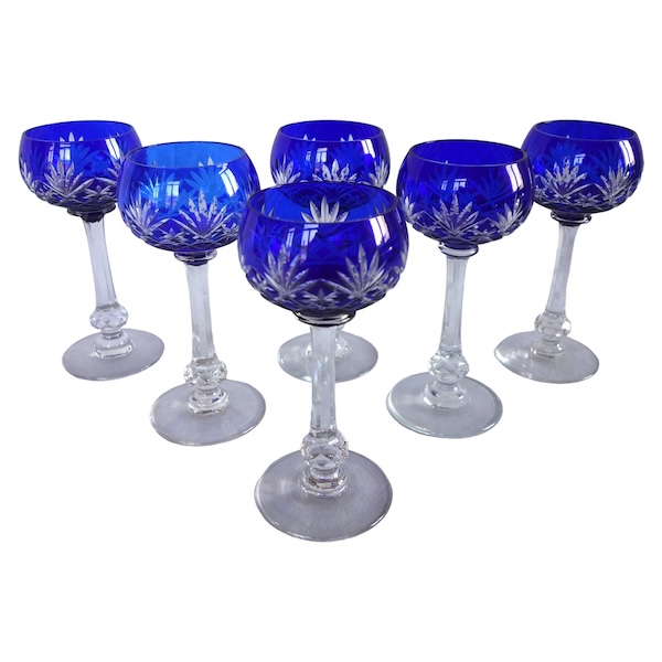 6 verres à vin du Rhin / roemers en cristal de St Louis, modèle Massenet overlay bleu cobalt